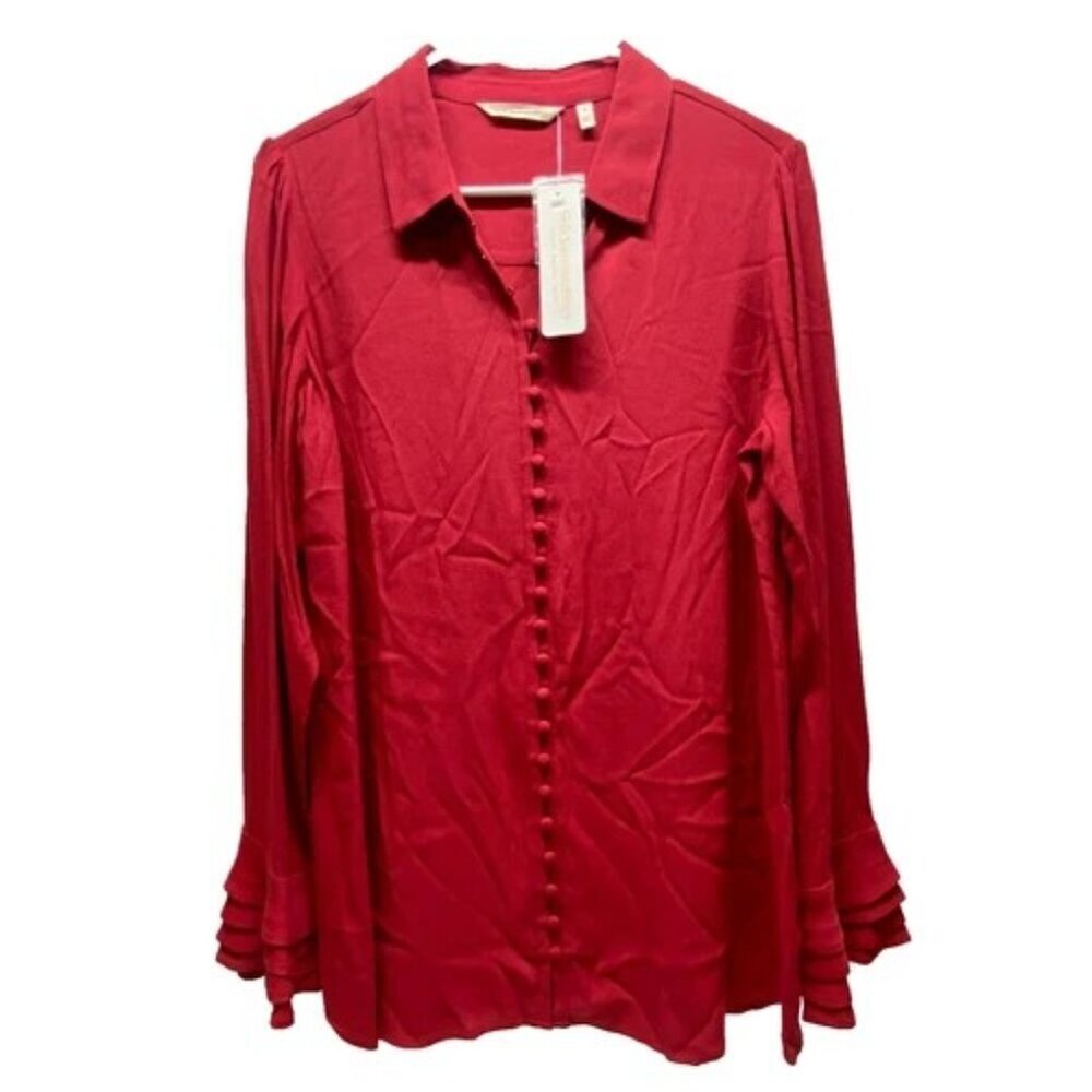 Soft Surroundings Poet Blouse Women's M 10-12 Moroccan Red Ruffle Sleeve $89 NWT
